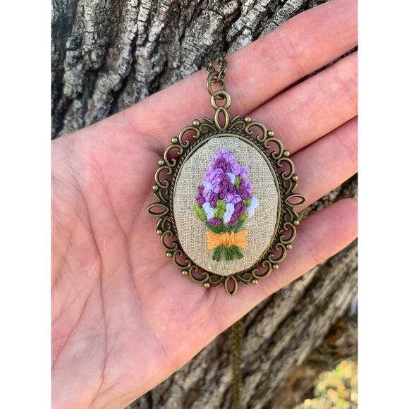 Lavender Bouquet Flower Embroidery Necklace, Handmade Pendant - Picture 2 of 7